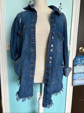 one 5 one Distressed Blue Denim Coat Jacket